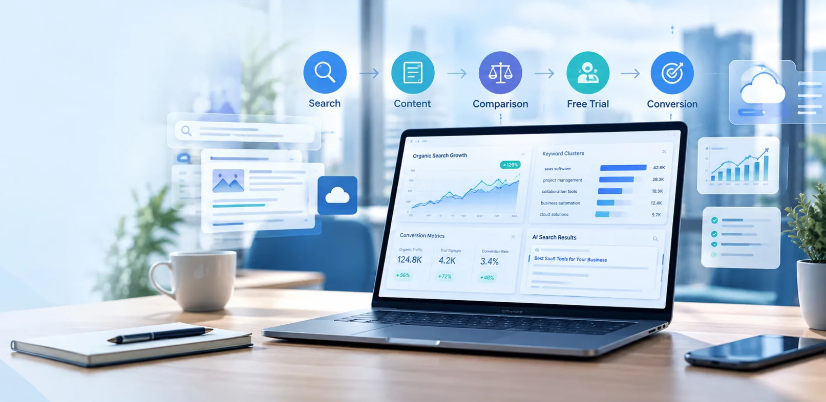 SaaS SEO marketing strategies with SEO analytics, keyword research, AI search, customer journey, conversion tracking, and organic growth dashboard.